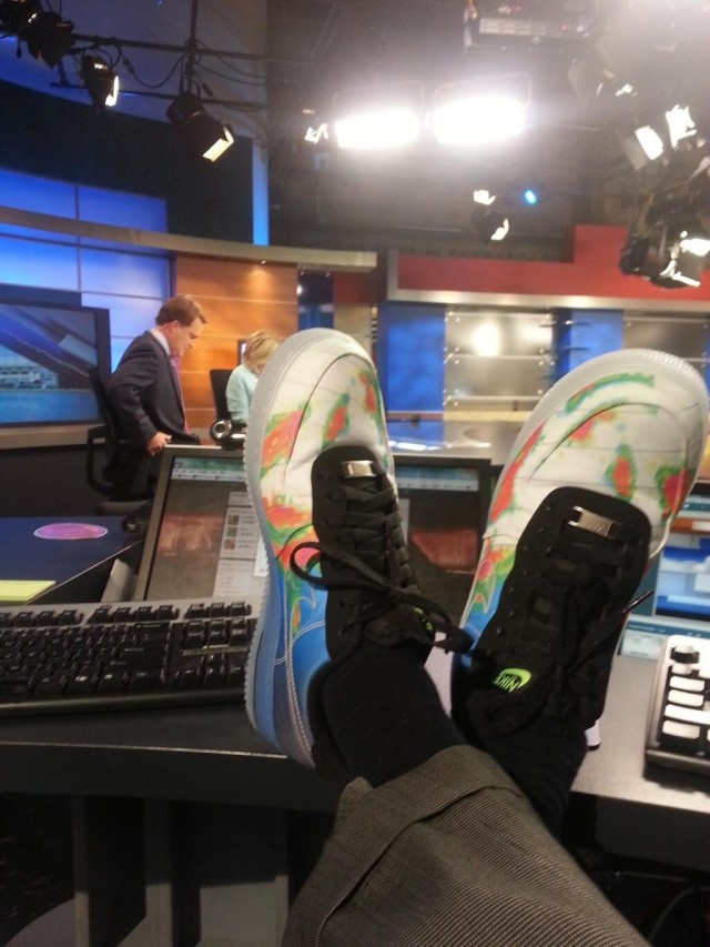 "Our local weatherman tweeted a picture of his new shoes."